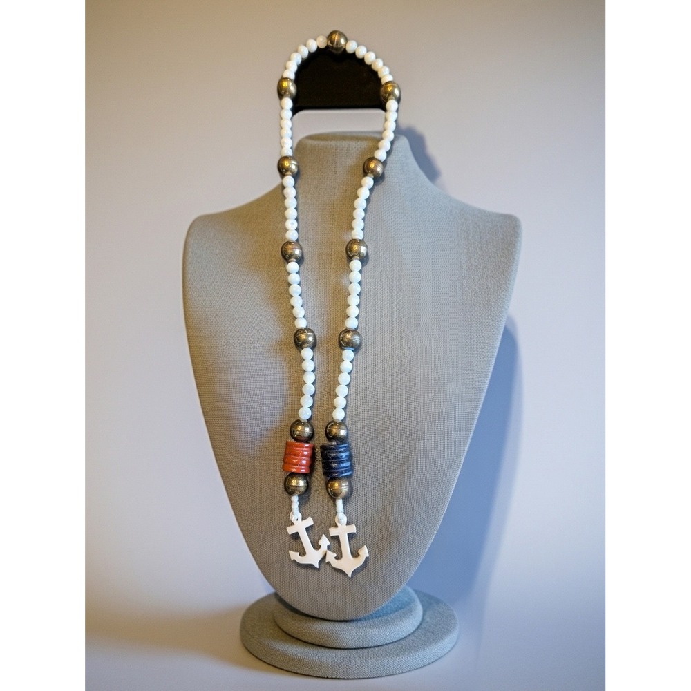 Vtg Mexican Brass Mother of Pearl Anchor Necklace Red Jasper Sodalite‎ Nautical